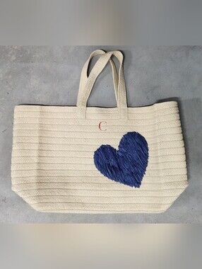 Preppy Coastal Straw Beach Tote Embroidered Heart Oversized Linen Lined